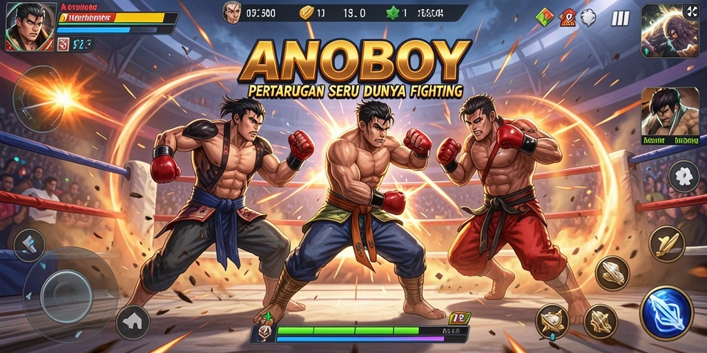 Screenshot ANOBOY menampilkan aksi bertarung seru antar karakter.