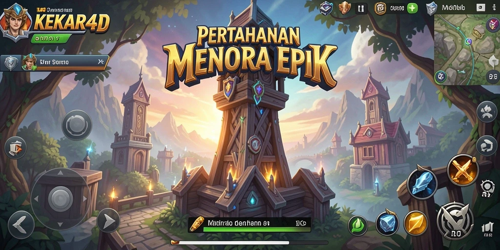 Screenshot permainan KEKAR4D menampilkan aksi pertahanan menara yang dinamis.