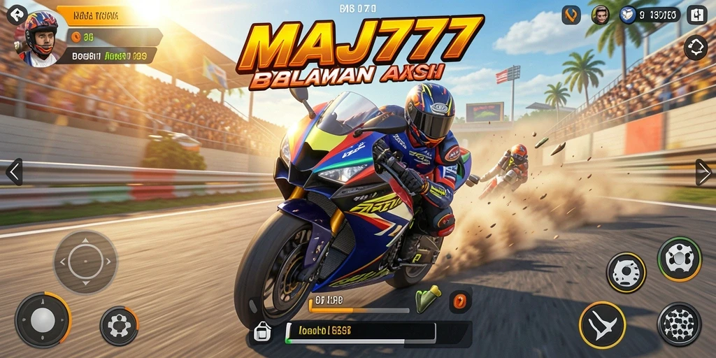 Tampilan gameplay seru dengan motor yang melaju kencang di trek balapan.
