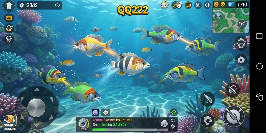 Screenshot gameplay QQ222 menunjukkan aksi menembak ikan yang seru.