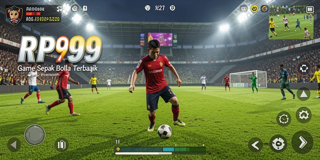 Screenshot menunjukkan gameplay seru RP99 dengan aksi lapangan sepak bola.